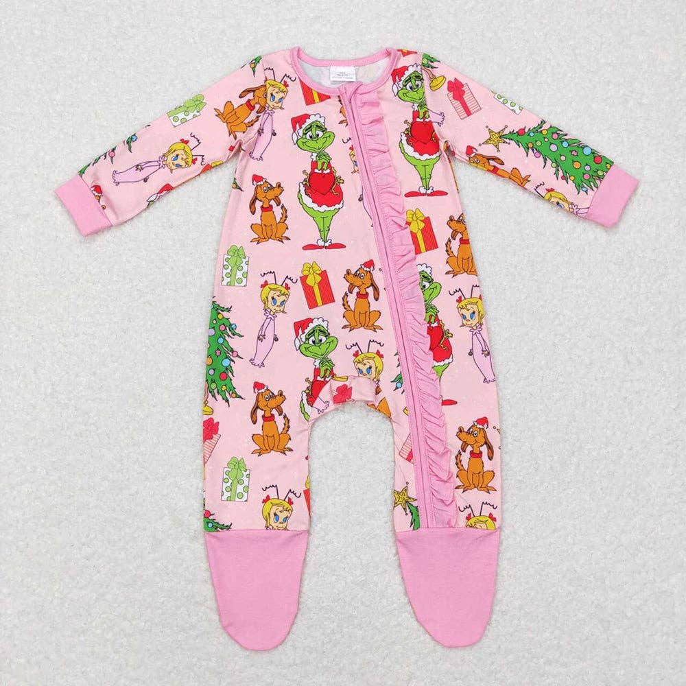 Sibling Baby Girls Christmas Pink Frog Top Pant Pajamas Set Zipper Footed Romper