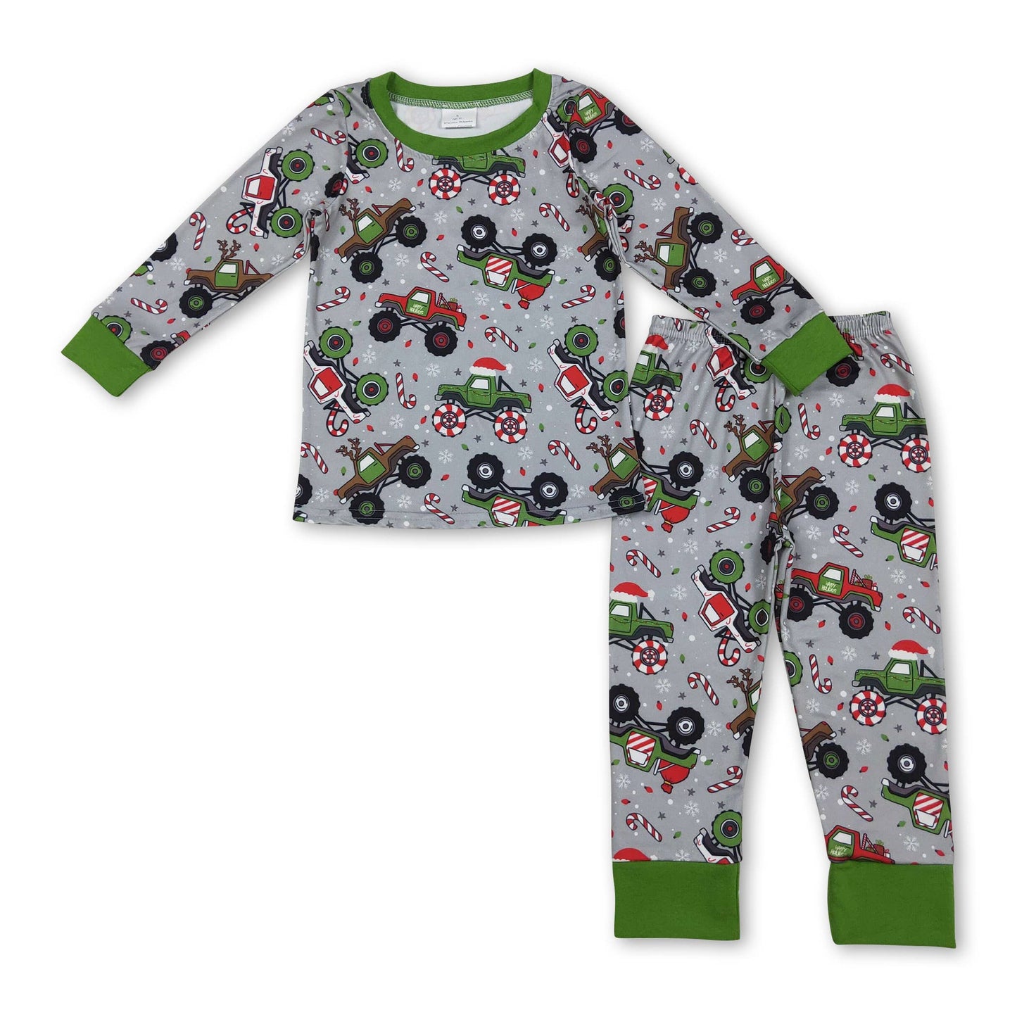 Red green cars santa kids boys Christmas pajamas