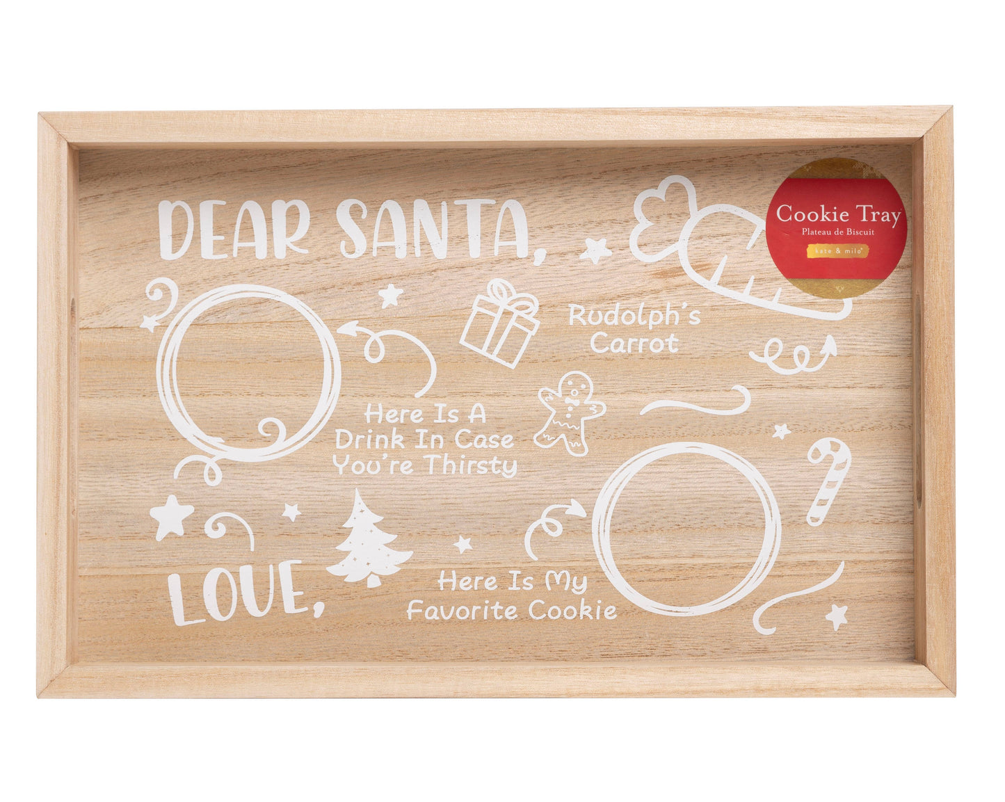 Kate & Milo Santa Cookies Tray Natural Wood, Christmas Decor