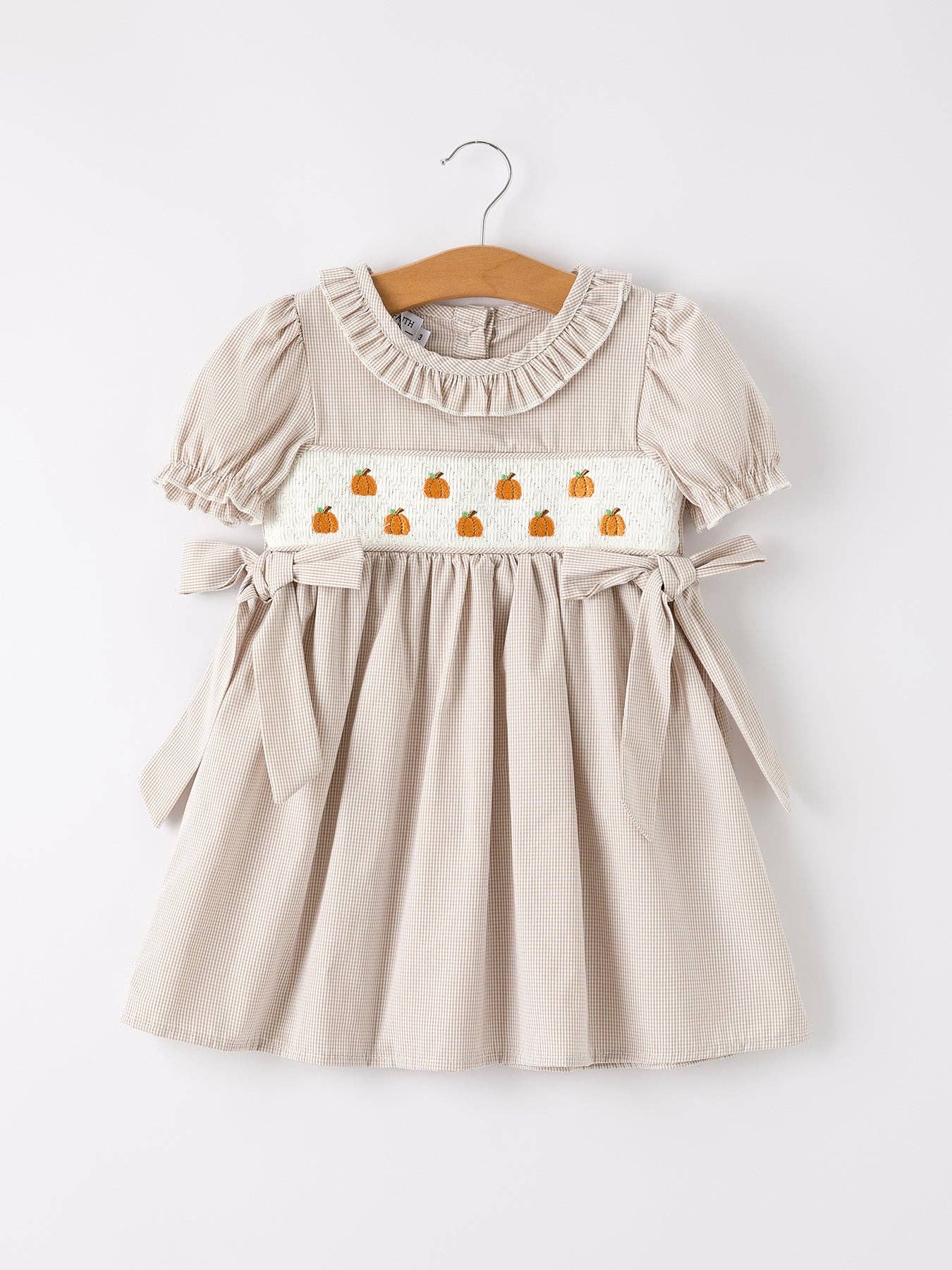 Fall Halloween & Thanksgiving Pumpkin Embroidery Smock Plaid Girls Dress