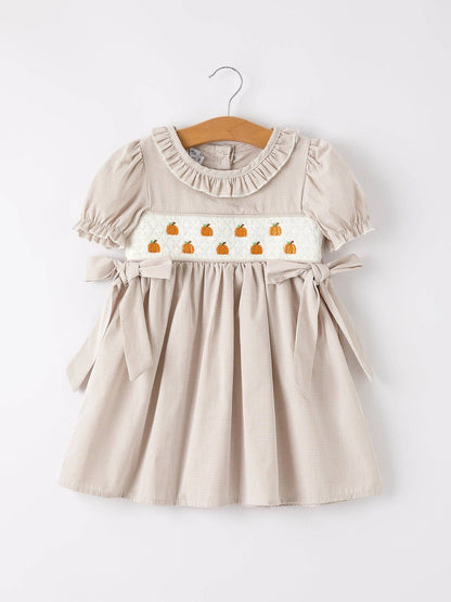 Fall Halloween & Thanksgiving Pumpkin Embroidery Smock Plaid Girls Dress