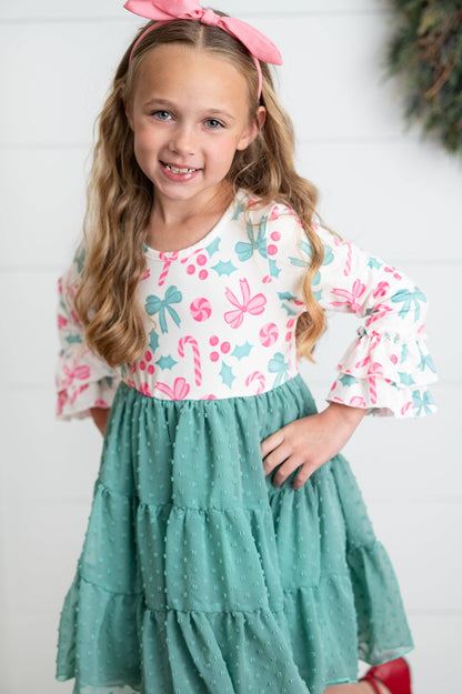 Kids Peppermint Candy Bow Holiday Swiss Dot Ruffle Dress