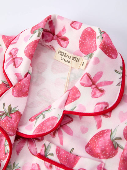Spring Strawberry Bow Short Sleeve Shorts Pajama Set