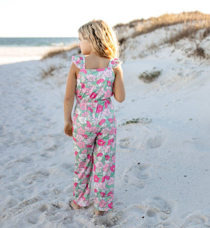 Kids Mint & Pink Flower Button Ruffle Summer Pocket Jumpsuit