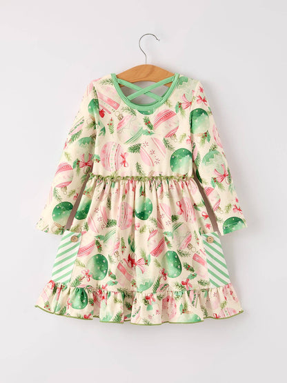 Winter Christmas Green Girls Pocket Dress
