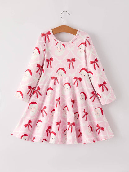 Winter Christmas Pink Santa and Bow Holiday Girls Dress