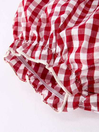 Christmas Tree Embroidery Red Gingham Long Sleeve Baby Girl Bloomers Set