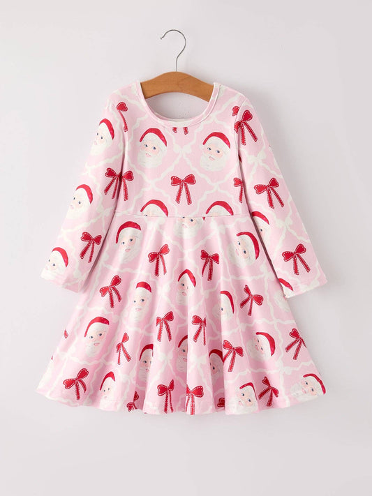 Winter Christmas Pink Santa and Bow Holiday Girls Dress