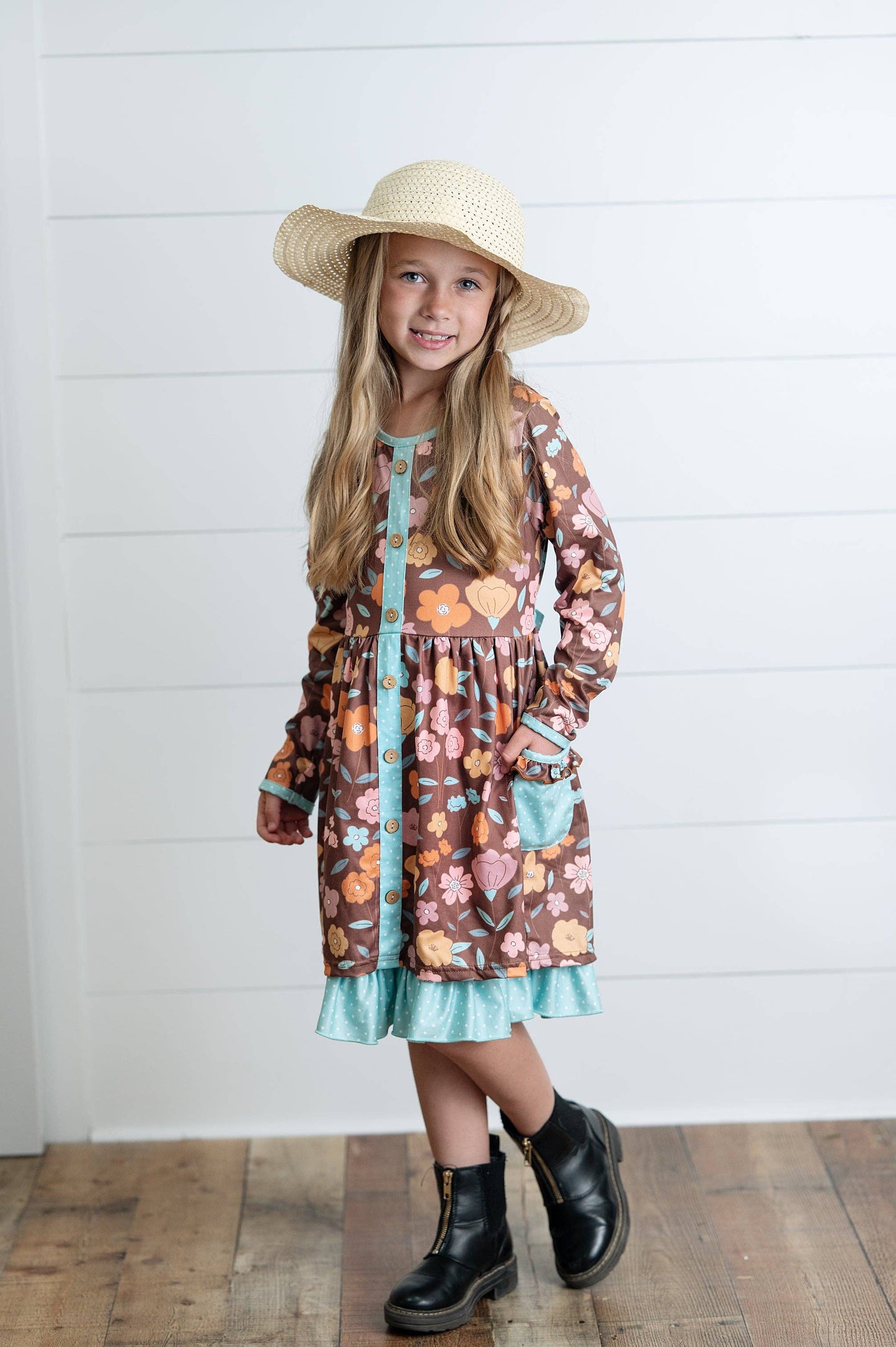 Girls Brown Floral Ruffle Pocket Tie Fall Dress