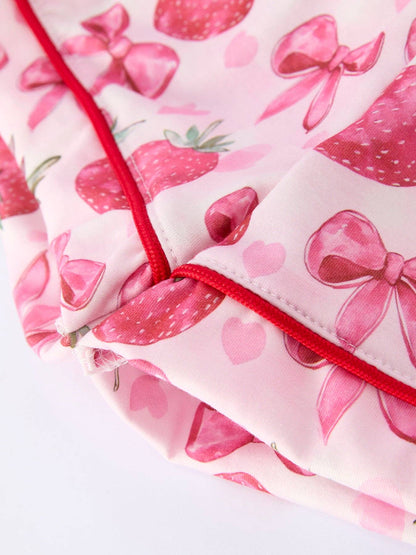 Spring Strawberry Bow Short Sleeve Shorts Pajama Set