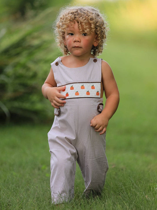 Fall Halloween & Thanksgiving  Pumpkin Smock Embroidered Boys Romper