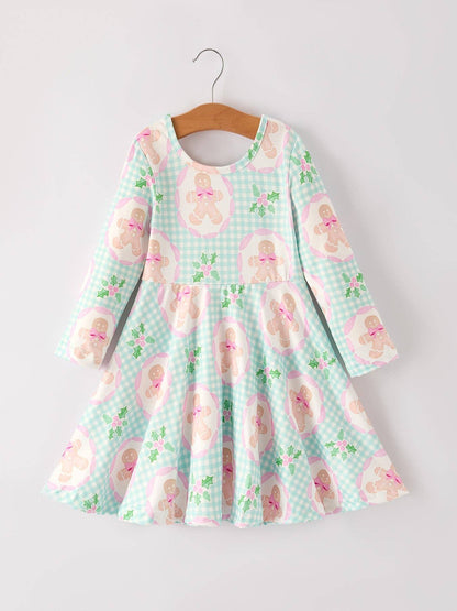 Christmas Gingerbread Man Print Plaid Girls Dress