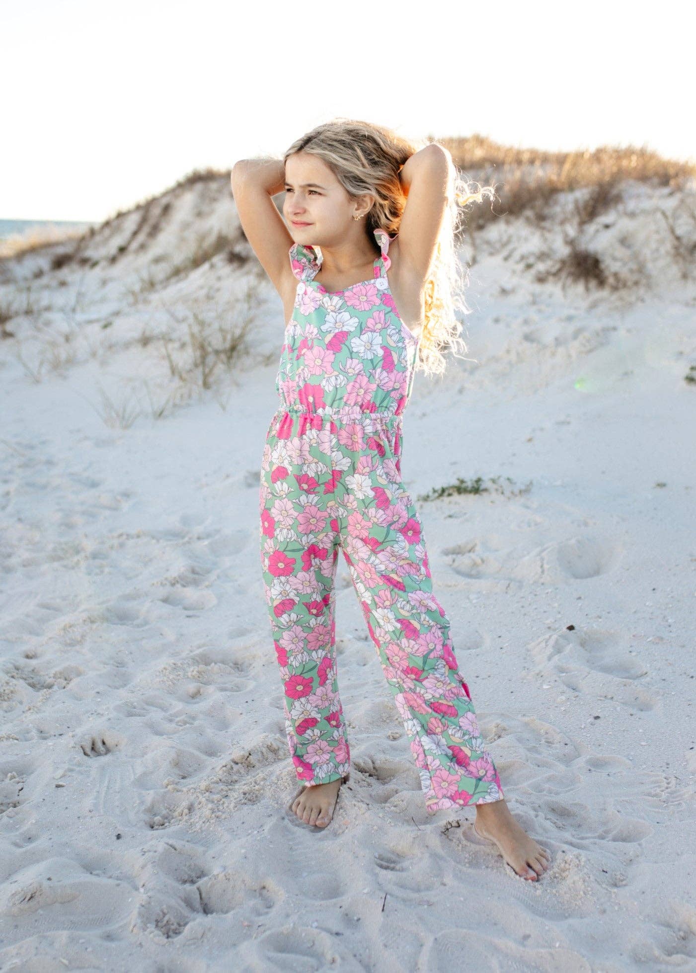Kids Mint & Pink Flower Button Ruffle Summer Pocket Jumpsuit