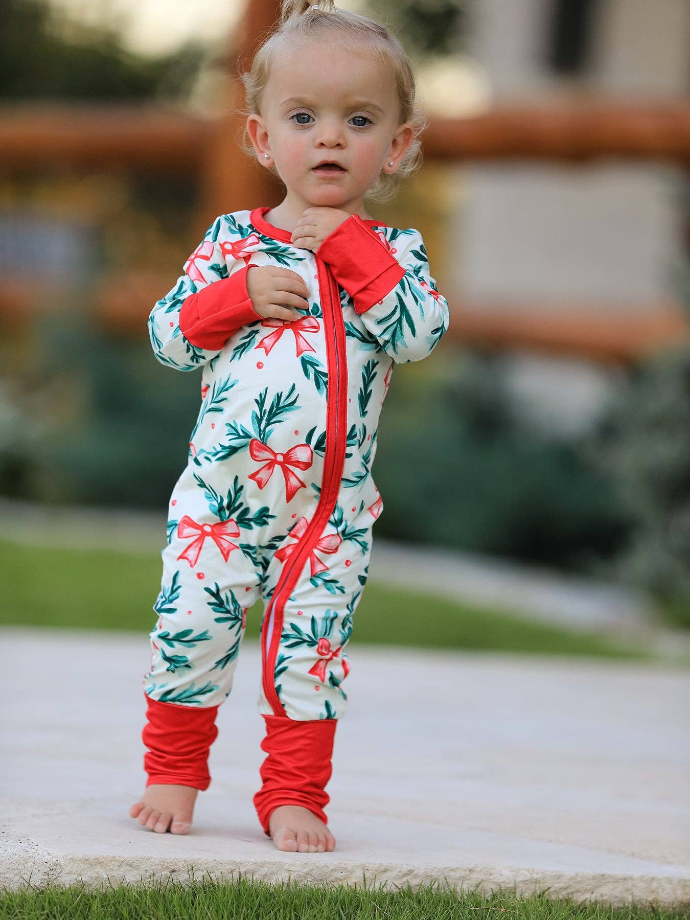 Mommy & Me Christmas Bow and Holly Print Pajama Girls Romper