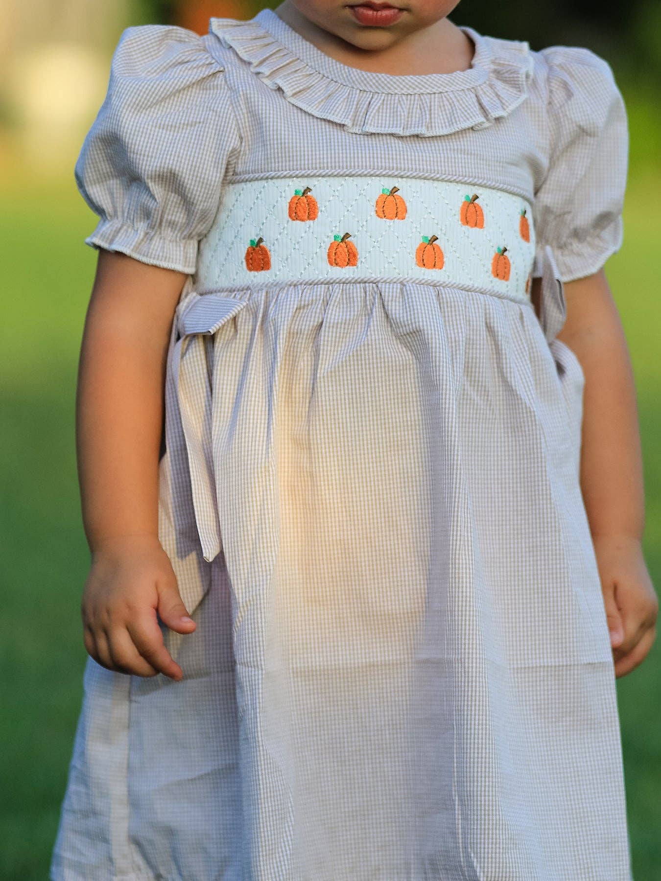 Fall Halloween & Thanksgiving Pumpkin Embroidery Smock Plaid Girls Dress