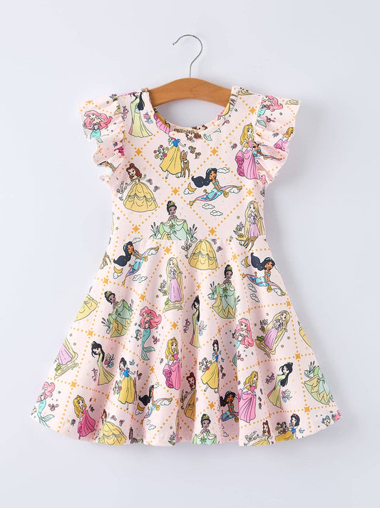 Summer Character Pattern Ruffle Sleeve Girls Dress