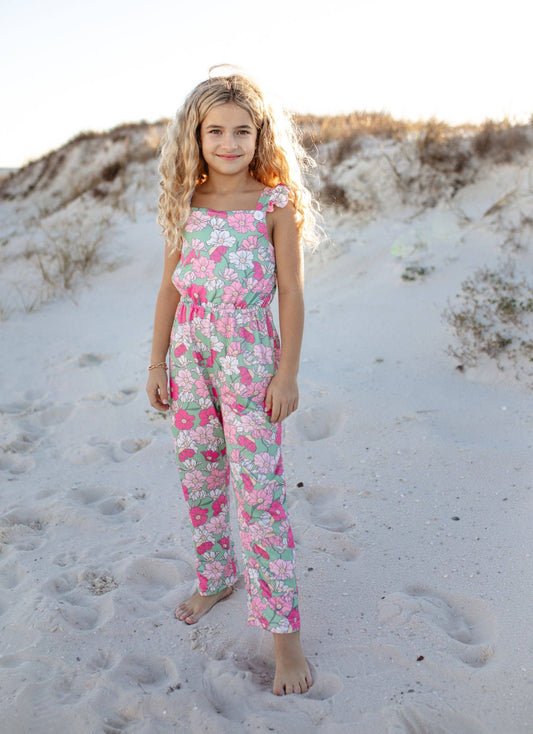 Kids Mint & Pink Flower Button Ruffle Summer Pocket Jumpsuit