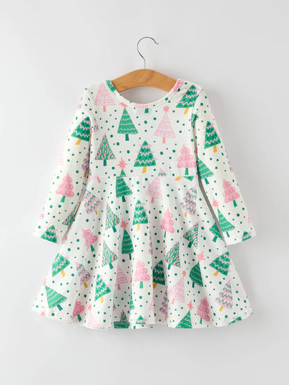 Cute Holiday Dress with Christmas Tree and Snow Prints