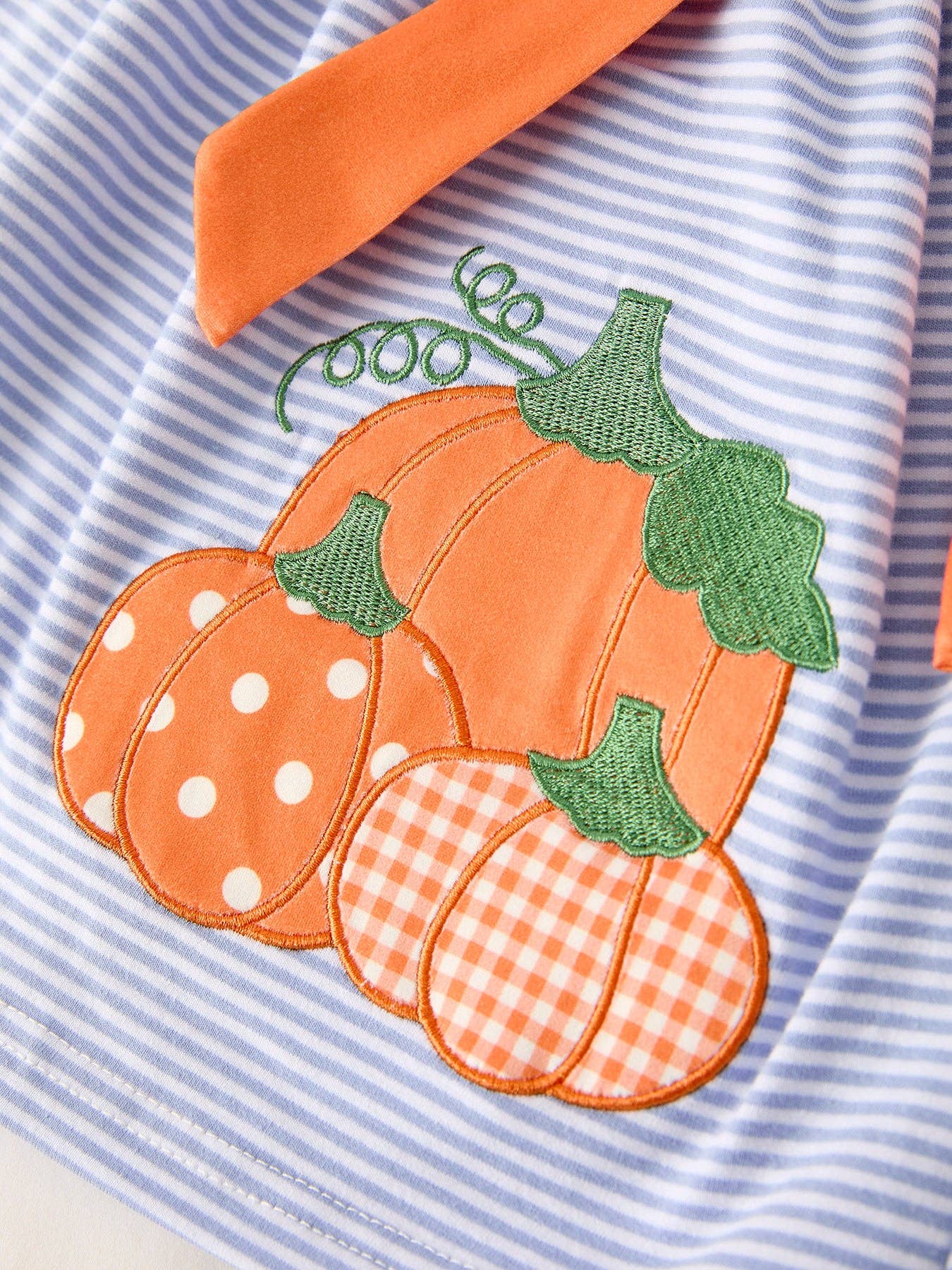 Fall Thanksgiving and Halloween Lapel Stripe Pumpkin Applique Bow Girls Dress