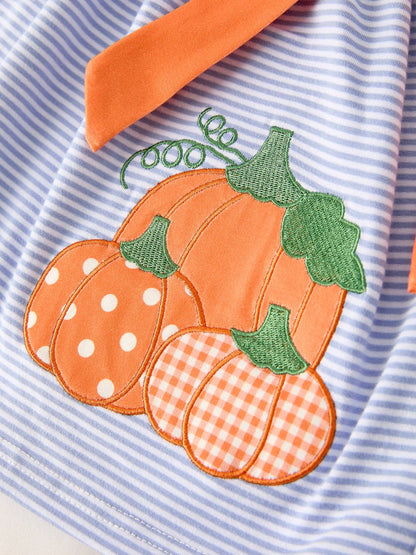Fall Thanksgiving and Halloween Lapel Stripe Pumpkin Applique Bow Girls Dress