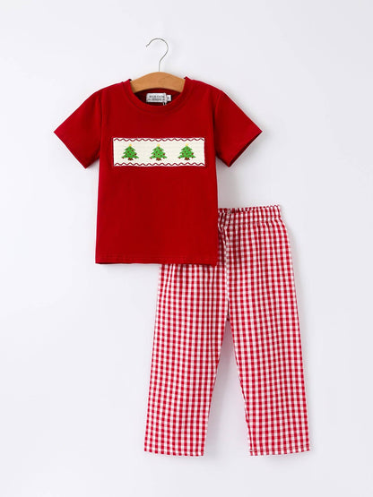Christmas Smocking Embroidered Christmas Tree Plaid  Boy Set