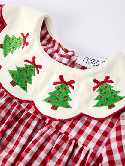Christmas Embroidered Christmas Tree Plaid Girls Dress