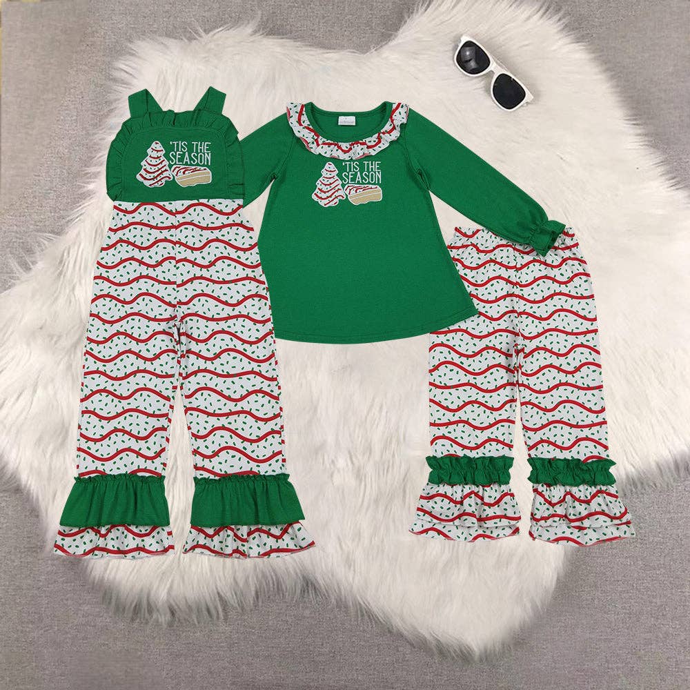 Sibling Baby Girls Embroidery Stripe Trees Tunic Ruffle Pants Christmas Clothes Sets Jumpsuits