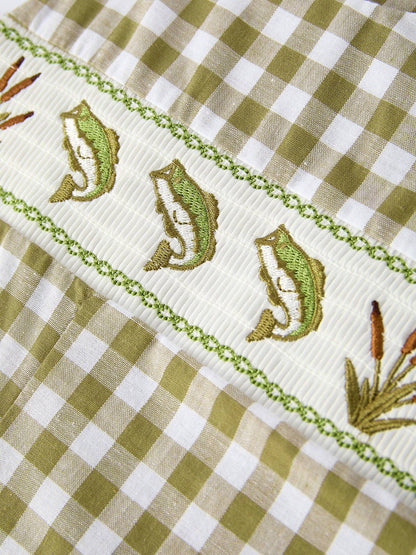 Green Plaid Fish Embroidered Smocked Baby Boy Romper