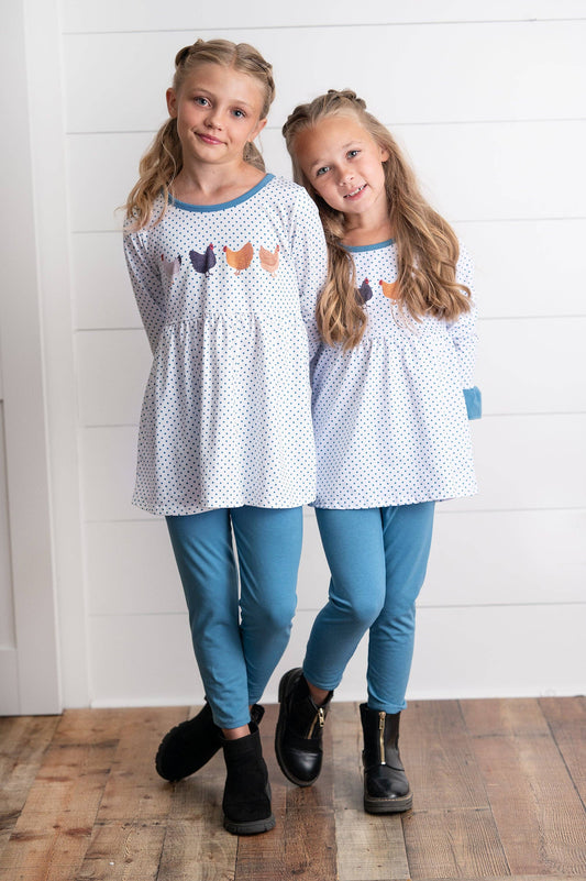 Girls Blue Polka Dot & Chicken Fall Winter Pant Set