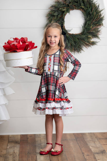 Girls Holiday Christmas Plaid Lace Ruffle Bow Back Dress
