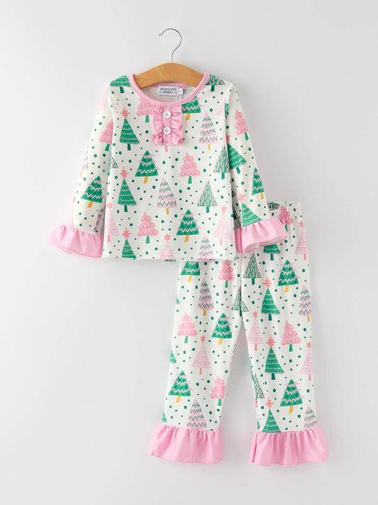 Christmas Tree Ruffles Girls Pajamas