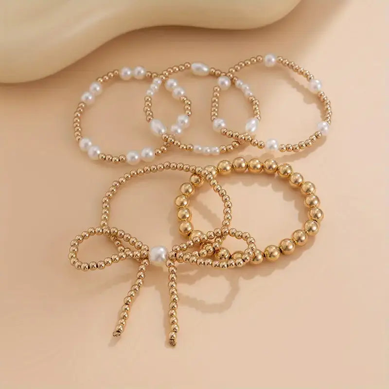 Golden Bow Beaded Bracelet Set with Faux Pearls