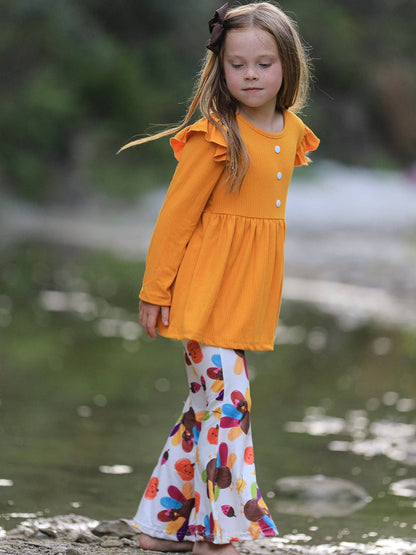 Fall Halloween & Thanksgiving Pumpkin Turkey Print Girls Long Sleeve Set