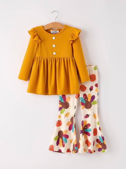 Fall Halloween & Thanksgiving Pumpkin Turkey Print Girls Long Sleeve Set