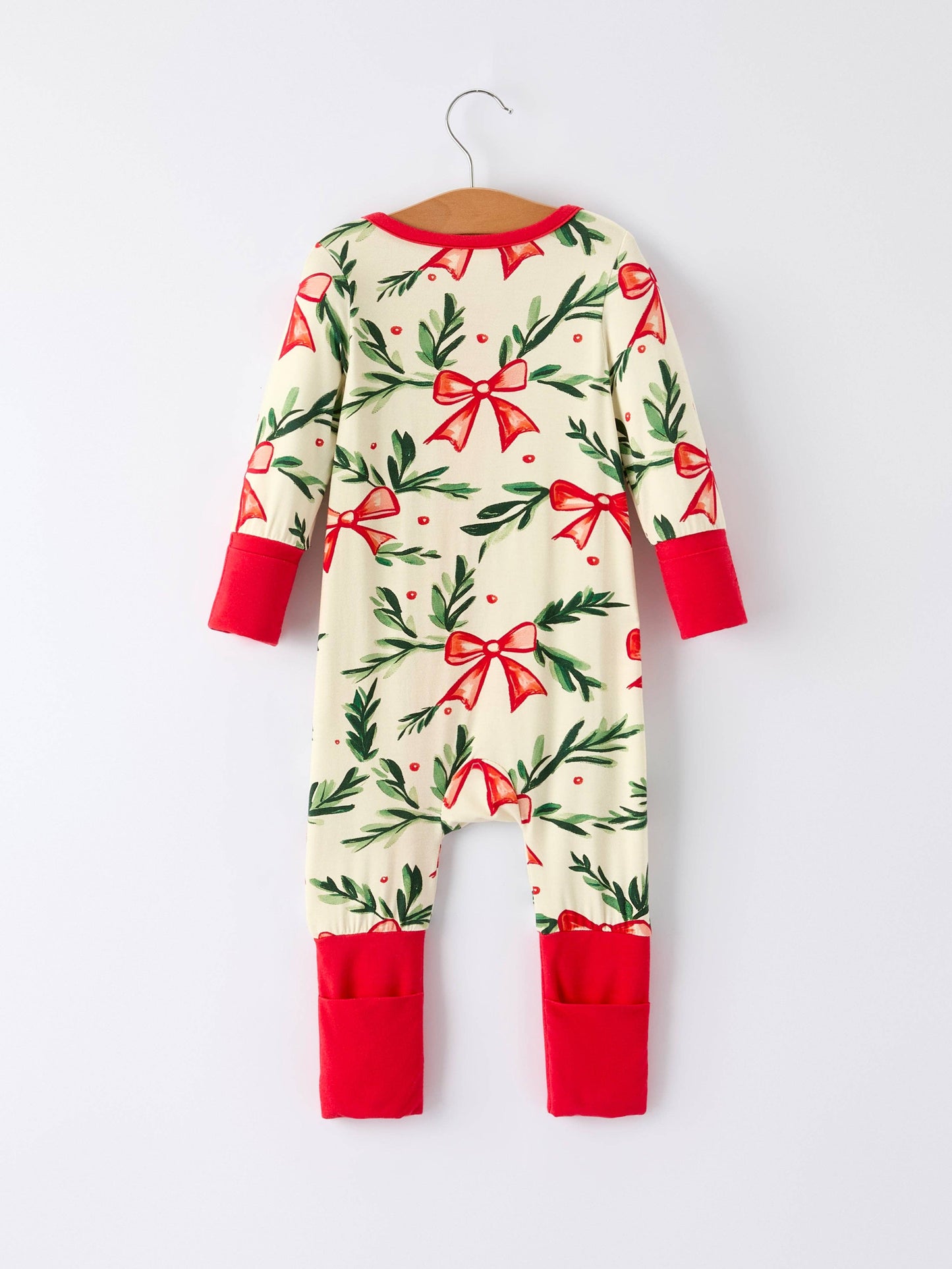 Mommy & Me Christmas Bow and Holly Print Pajama Girls Romper