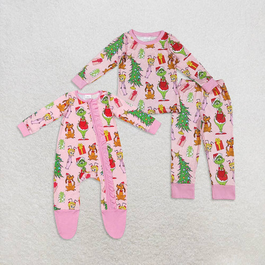 Sibling Baby Girls Christmas Pink Frog Top Pant Pajamas Set Zipper Footed Romper