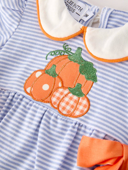 Fall Thanksgiving and Halloween Lapel Stripe Pumpkin Applique Bow Girls Romper