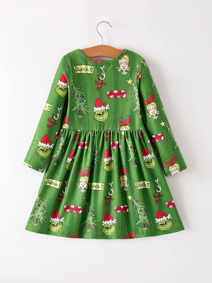 Holiday Elf and Christmas Tree Pattern Girls Dress