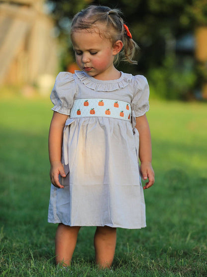 Fall Halloween & Thanksgiving Pumpkin Embroidery Smock Plaid Girls Dress