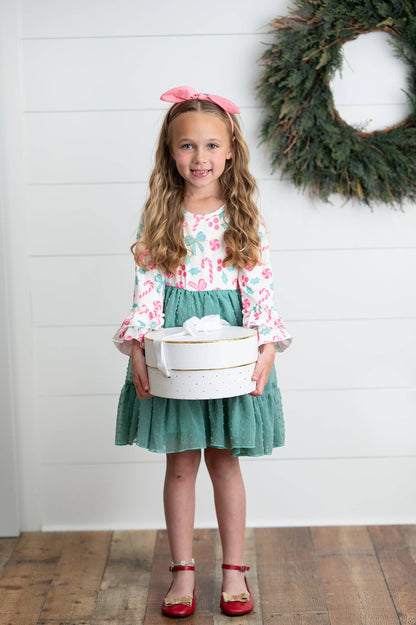Kids Peppermint Candy Bow Holiday Swiss Dot Ruffle Dress