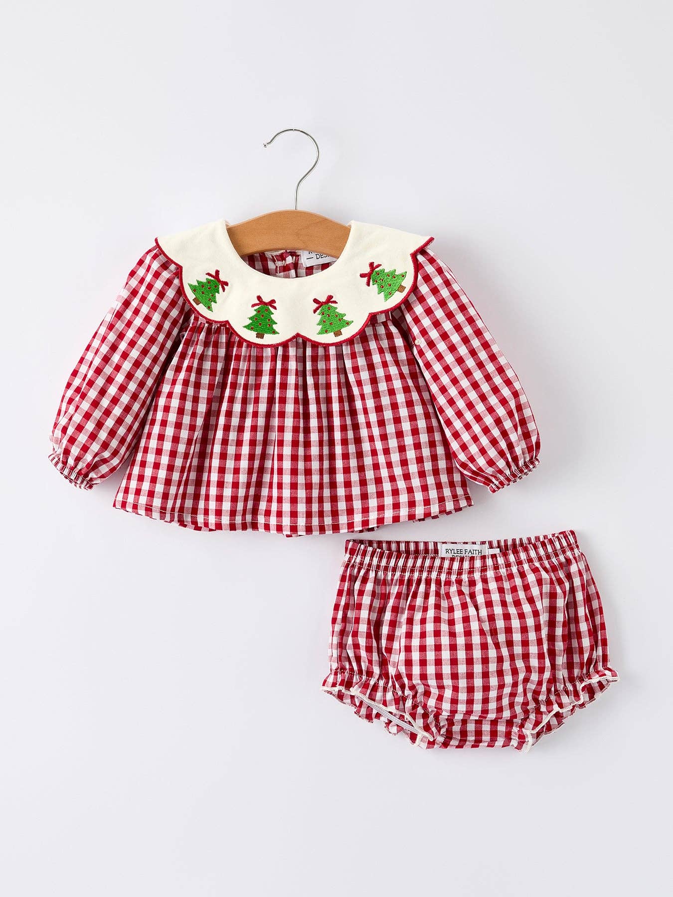 Christmas Tree Embroidery Red Gingham Long Sleeve Baby Girl Bloomers Set