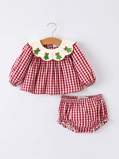 Christmas Tree Embroidery Red Gingham Long Sleeve Baby Girl Bloomers Set