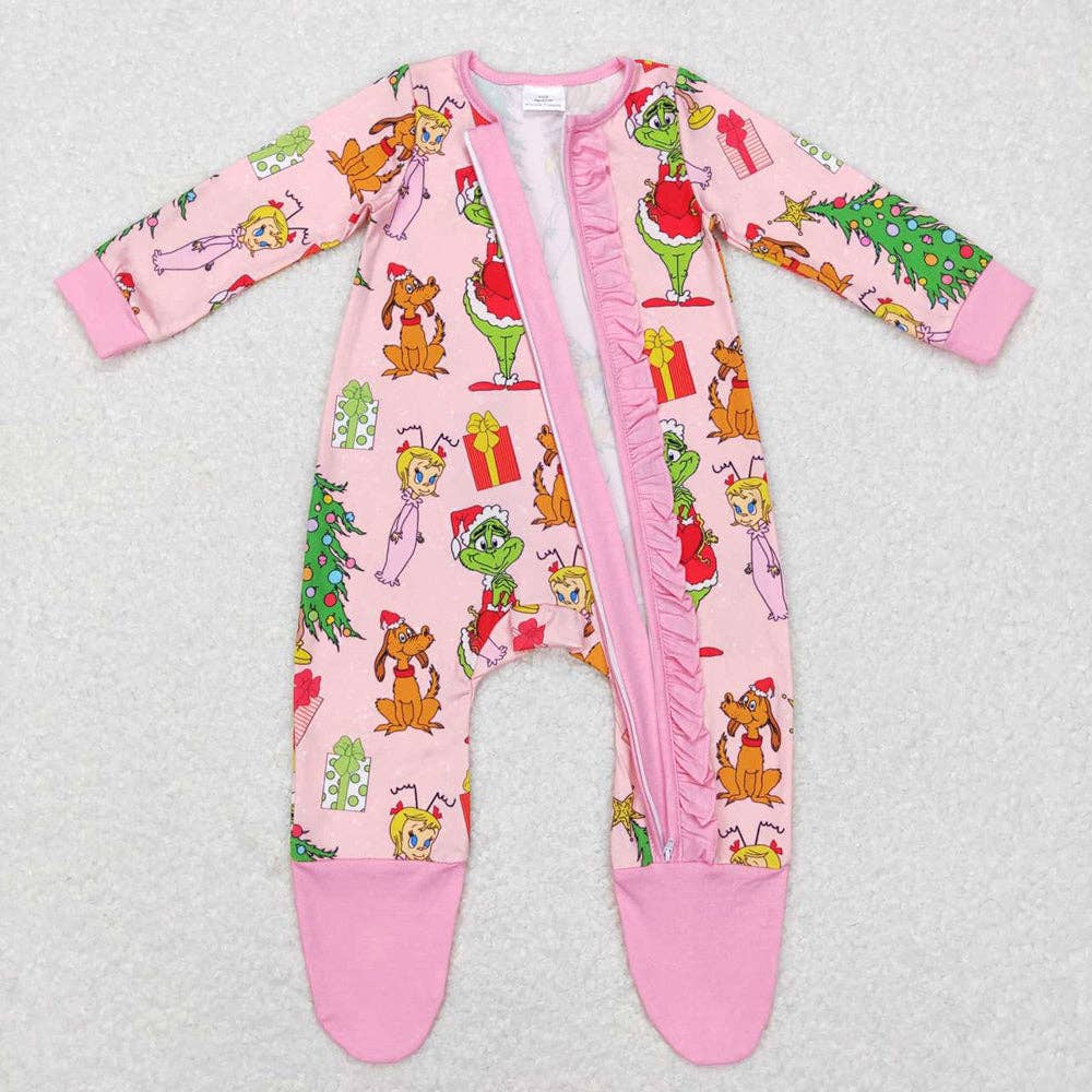 Sibling Baby Girls Christmas Pink Frog Top Pant Pajamas Set Zipper Footed Romper