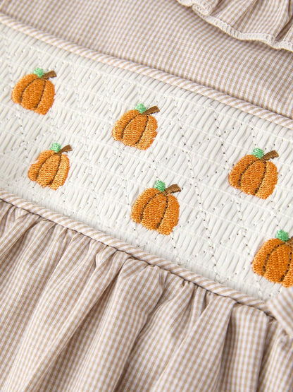 Fall Halloween & Thanksgiving Pumpkin Embroidery Smock Plaid Girls Dress