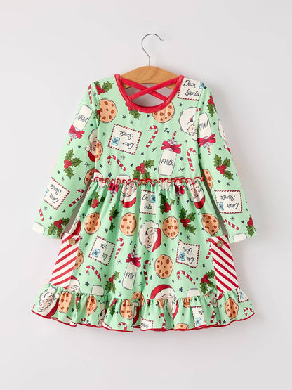 Winter Christmas Green Santa Girls Pocket Ruffle Dress