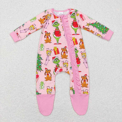 Sibling Baby Girls Christmas Pink Frog Top Pant Pajamas Set Zipper Footed Romper