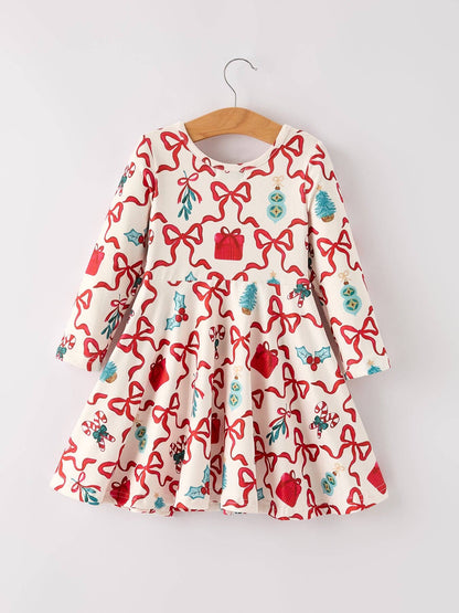 Christmas Candy Cane Gift Print Girls Dress