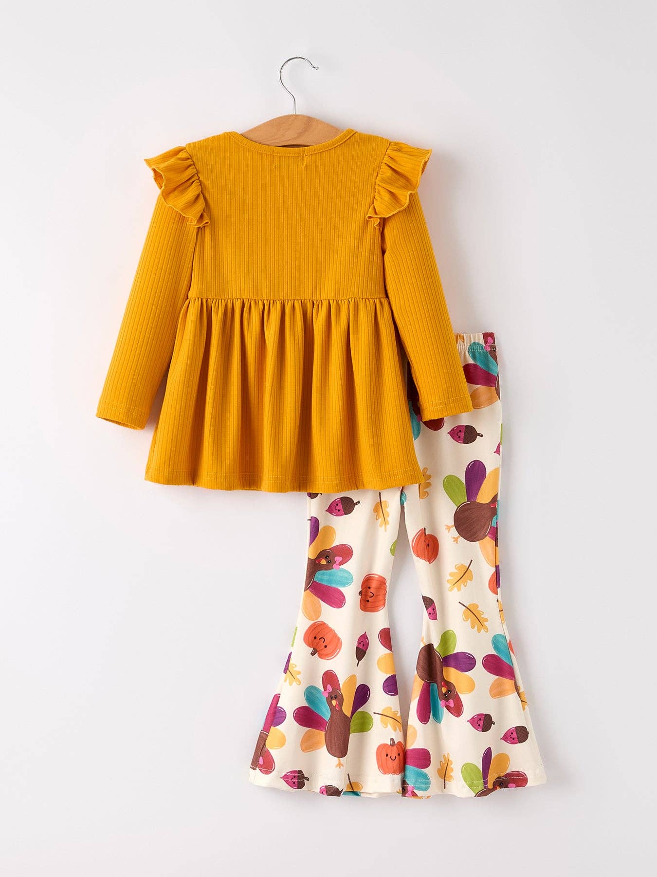 Fall Halloween & Thanksgiving Pumpkin Turkey Print Girls Long Sleeve Set