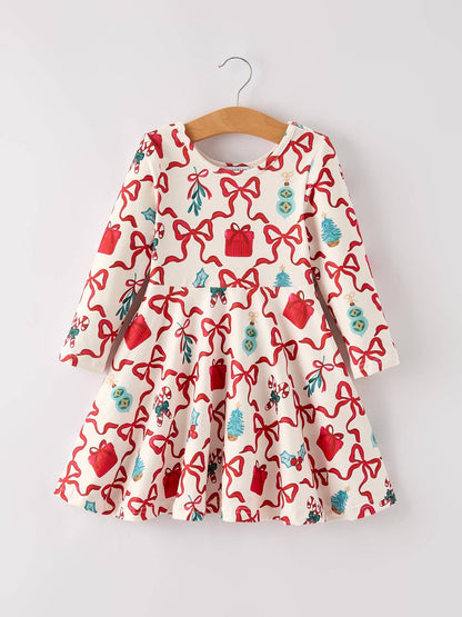 Christmas Candy Cane Gift Print Girls Dress