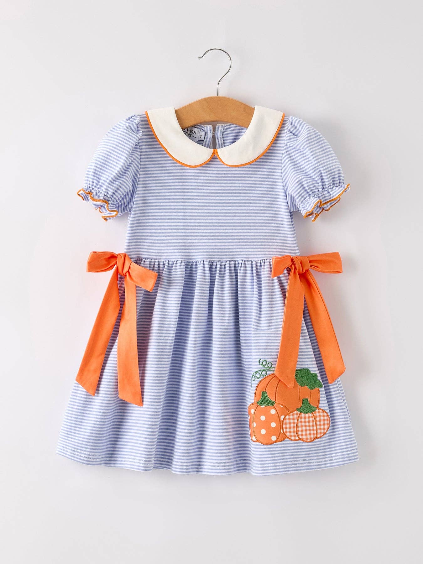 Fall Thanksgiving and Halloween Lapel Stripe Pumpkin Applique Bow Girls Dress